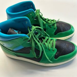 AUTHENTIC Nike Air Jordan 1 Mid Top - Black, Teal, and Green Athletic Sneakers